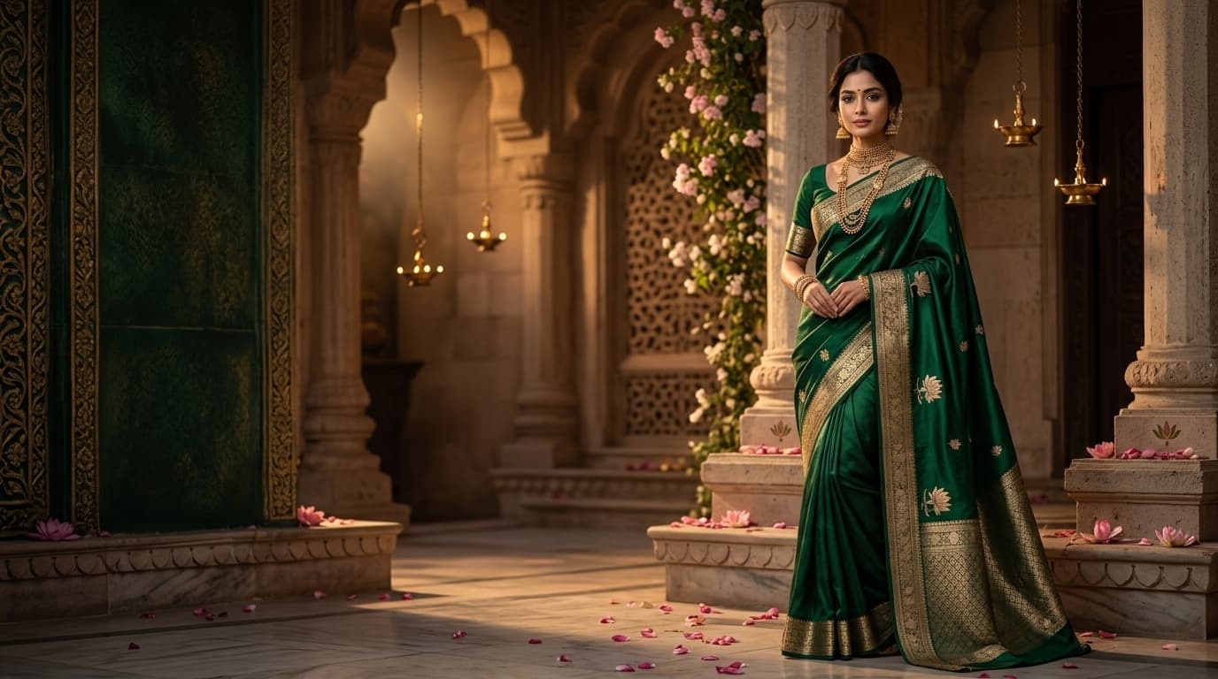 VSN VASTRAA Royal Emerald and Gold Zari Handloom Silk Saree
